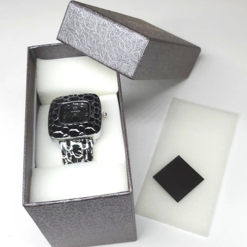 Strada Black Enameled Japanese Movement Open Bangle Watch Stainless Steel